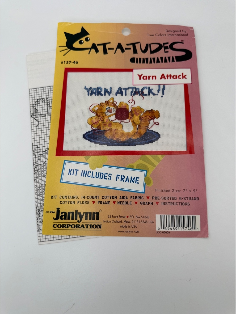 Vintage Janlynn Cat-Tudes Yarn Attack Counted Cross Stitch Kit Frame, READ